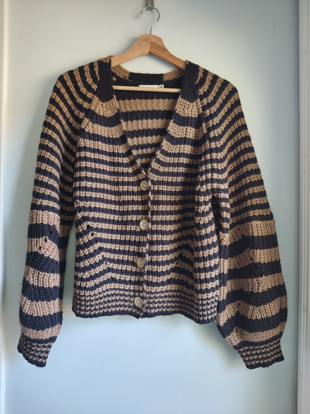 Lush Black & Tan Striped V-Neck Button Cardigan